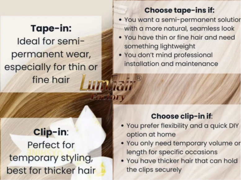 Extensiones de cabello con cinta, con clip o con trama atada a mano